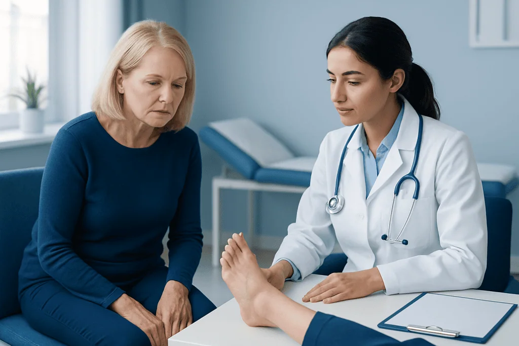 Doctor examining a patient's foot in a medical consultation room.