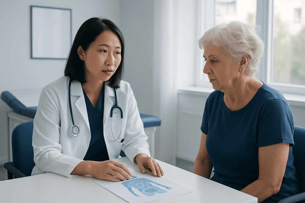 Doctor consulting with an elderly patient in a medical office.
