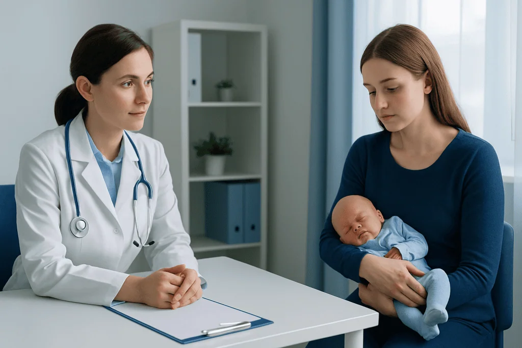 Doctor consulting with new mother and her baby in a hospital setting.