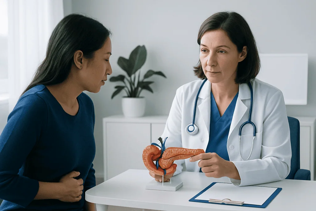 Doctor explaining pancreas model to patient in a medical consultation.