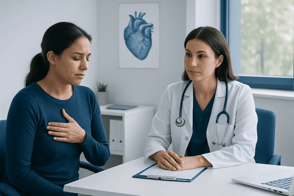 Doctor consulting with a patient experiencing chest pain in a medical office.