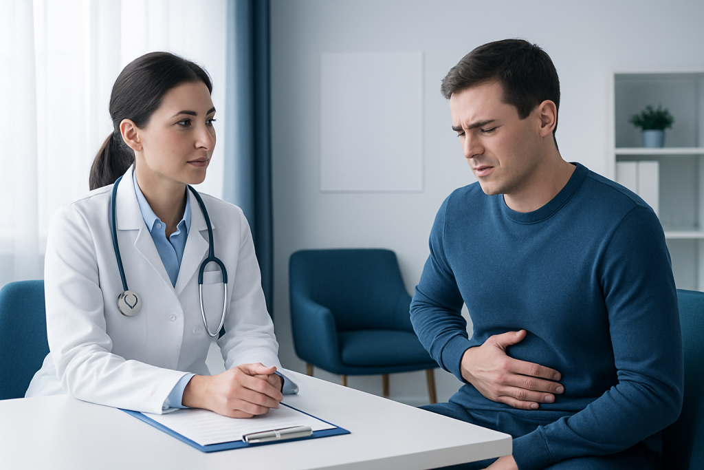 Doctor consulting with a male patient about gastrointestinal issues in a clinic.