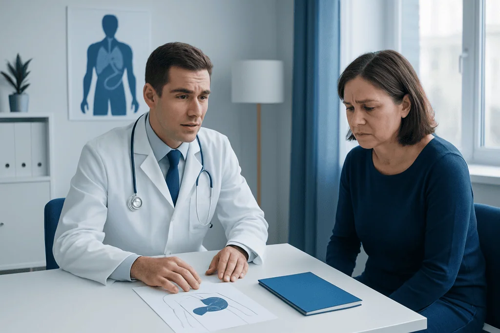 Doctor consulting with a patient about medical condition in a clinic setting.