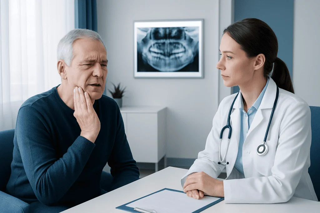Doctor consulting with elderly patient about jaw pain in clinic setting.