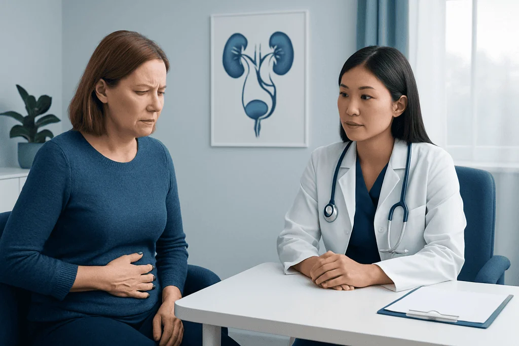 Doctor consulting with a patient about urinary health in a medical office.