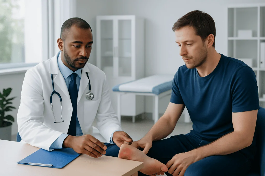 Doctor examining patient's foot in a clinical setting at Acibadem Hospitals.