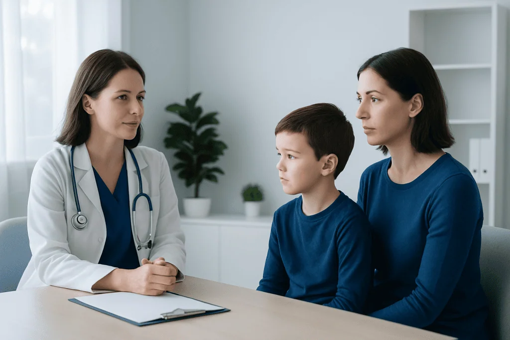Doctor consulting with mother and son in a medical office.
