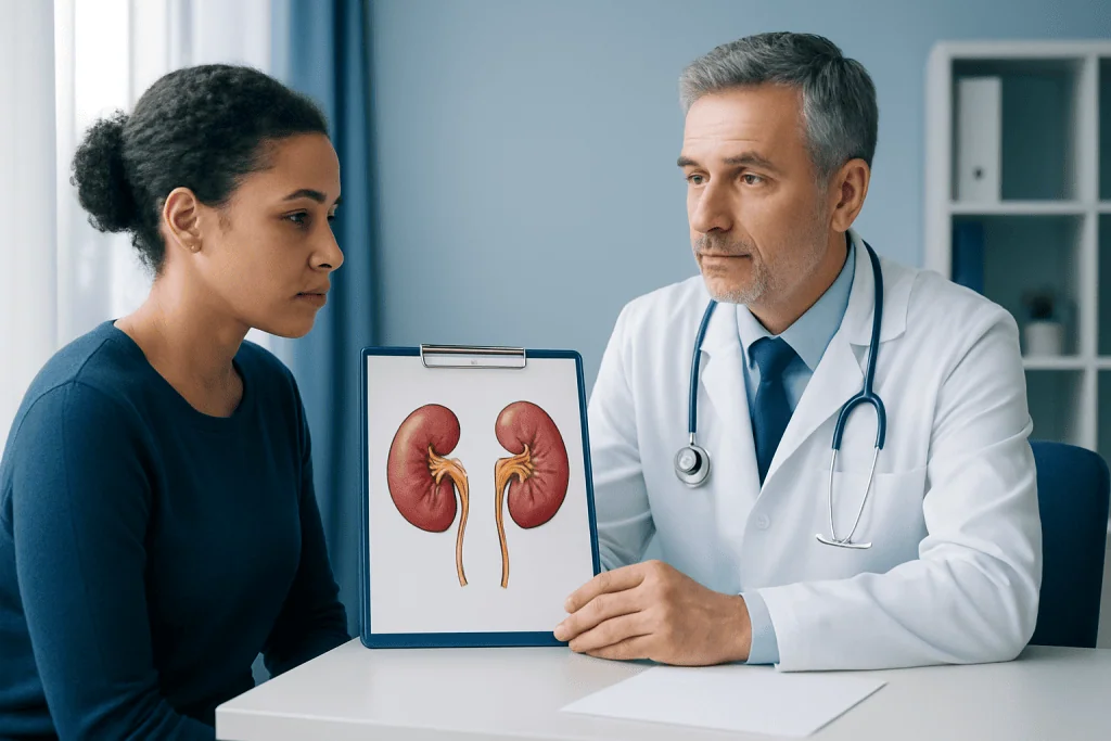 Doctor explaining kidney health to patient with kidney diagram.