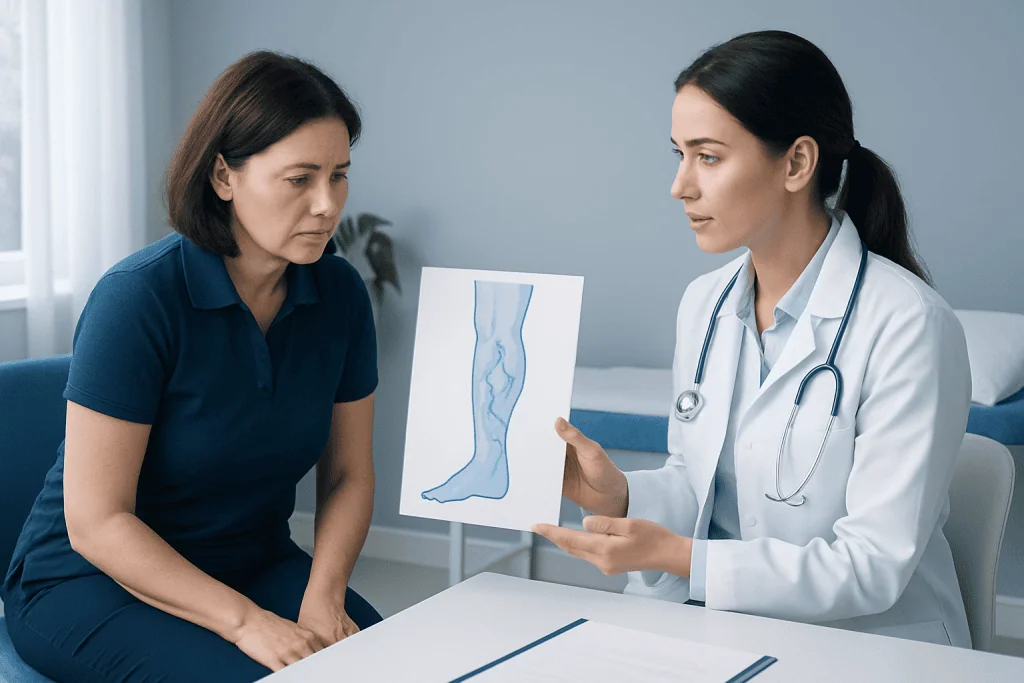 Doctor explaining venous reflux to a patient with leg diagram.