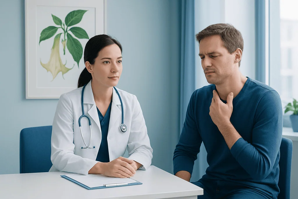 Doctor consulting with male patient in clinic setting.