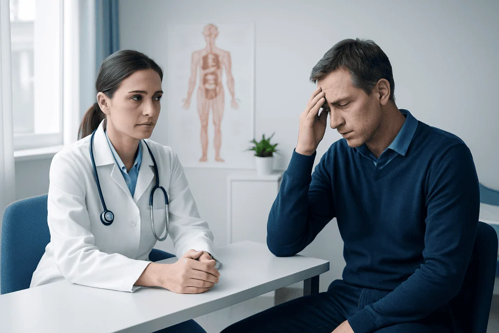 Doctor consulting with a patient experiencing headache or dizziness.