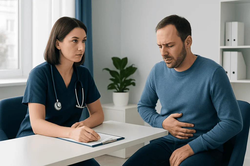 Doctor consulting with a patient about abdominal pain in a modern clinic.