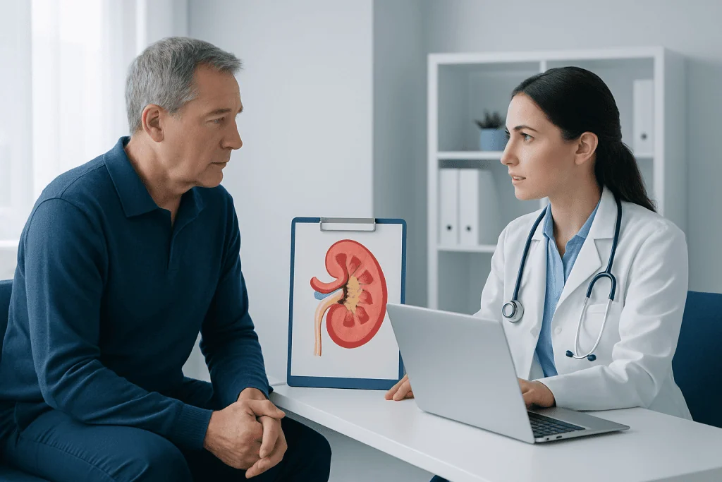 Doctor explaining kidney health to patient with kidney diagram.