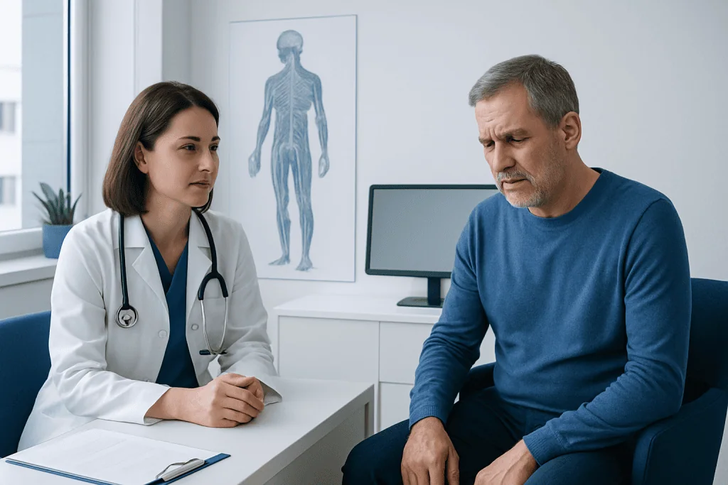 Doctor consulting with patient in a medical office with a human anatomy chart.