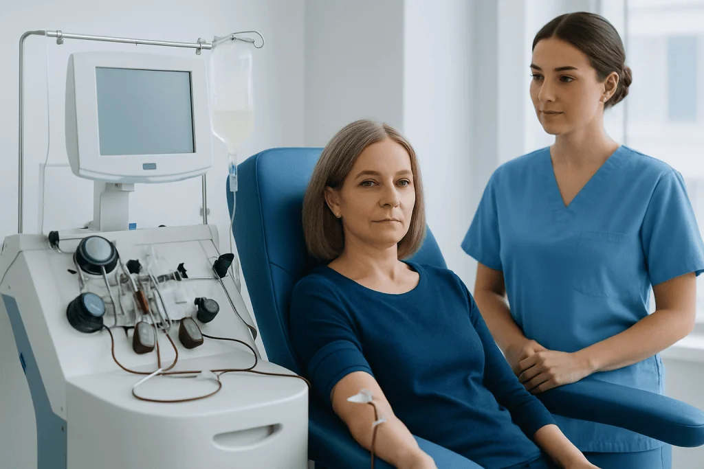 Patient receiving medical treatment in a hospital setting with healthcare professional nearby.