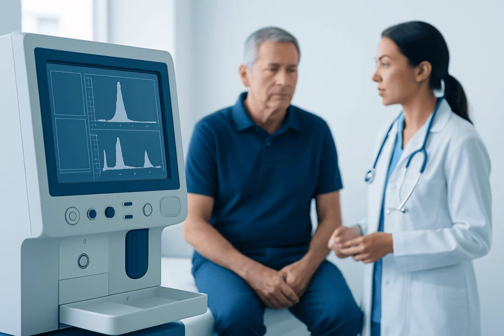 Doctor explaining blood test results to patient in a hospital setting.