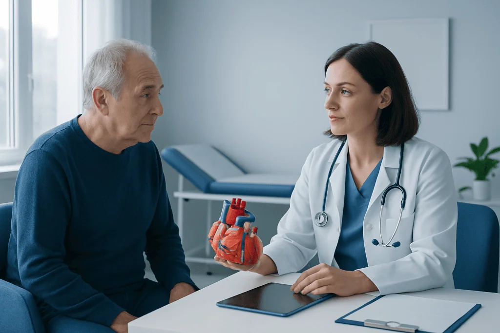 Cardiologist explaining heart health to an elderly patient with a model of the heart.
