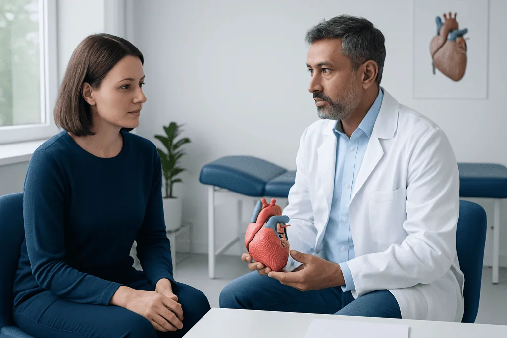 Doctor explaining heart health to a patient with a model of a heart.