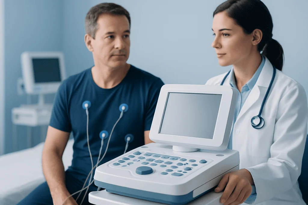 Medical professional explains heart test to patient in hospital.