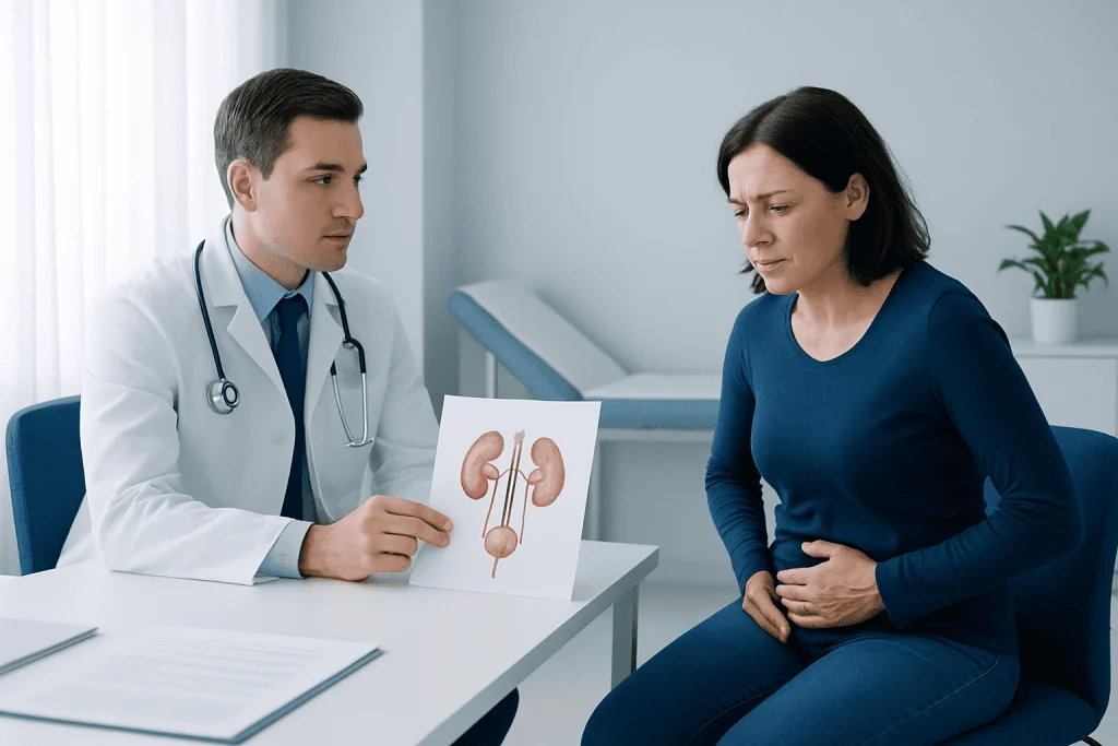 Urologist explains kidney health to a patient in a clinic setting.
