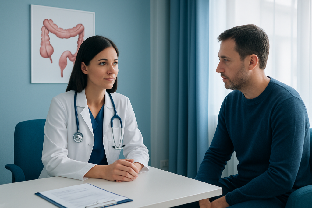 Doctor consulting with patient about colon health in a medical office.