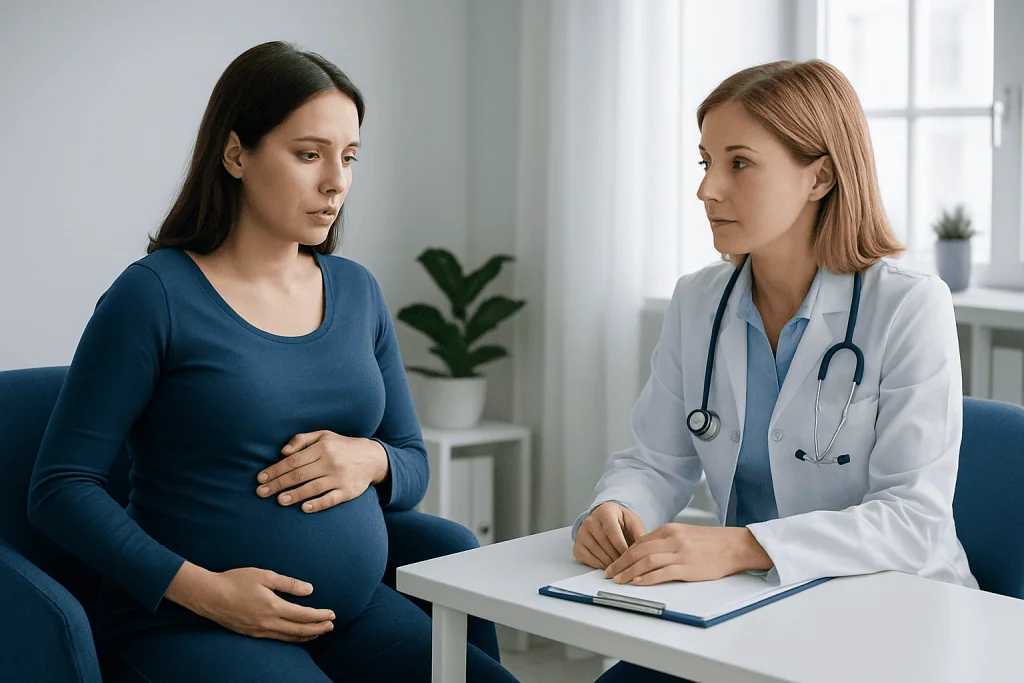 Pregnant woman consulting with a doctor about pregnancy health.