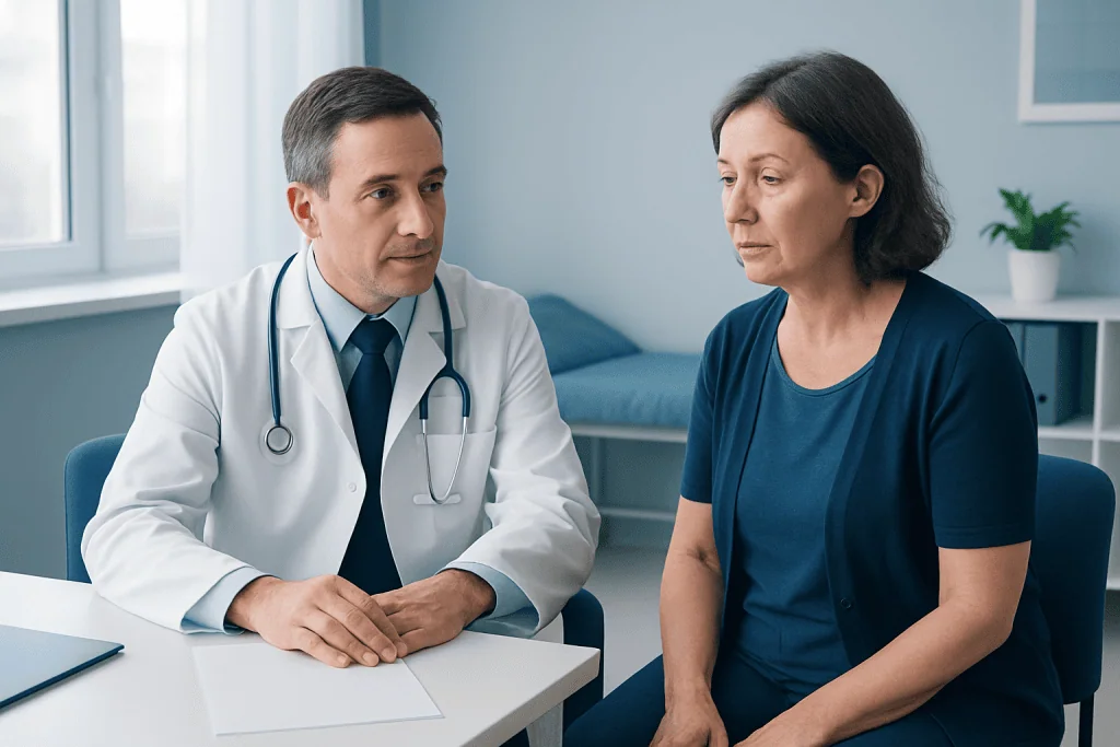 Doctor consulting with a female patient in a medical office.