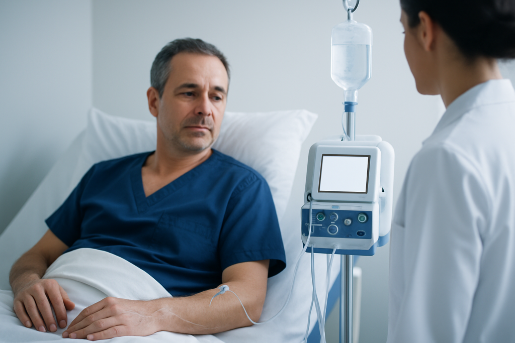 Patient in hospital bed receiving IV treatment from nurse.
