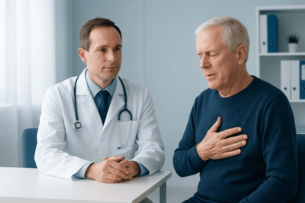 Doctor consulting an elderly patient about heart health in a clinic.
