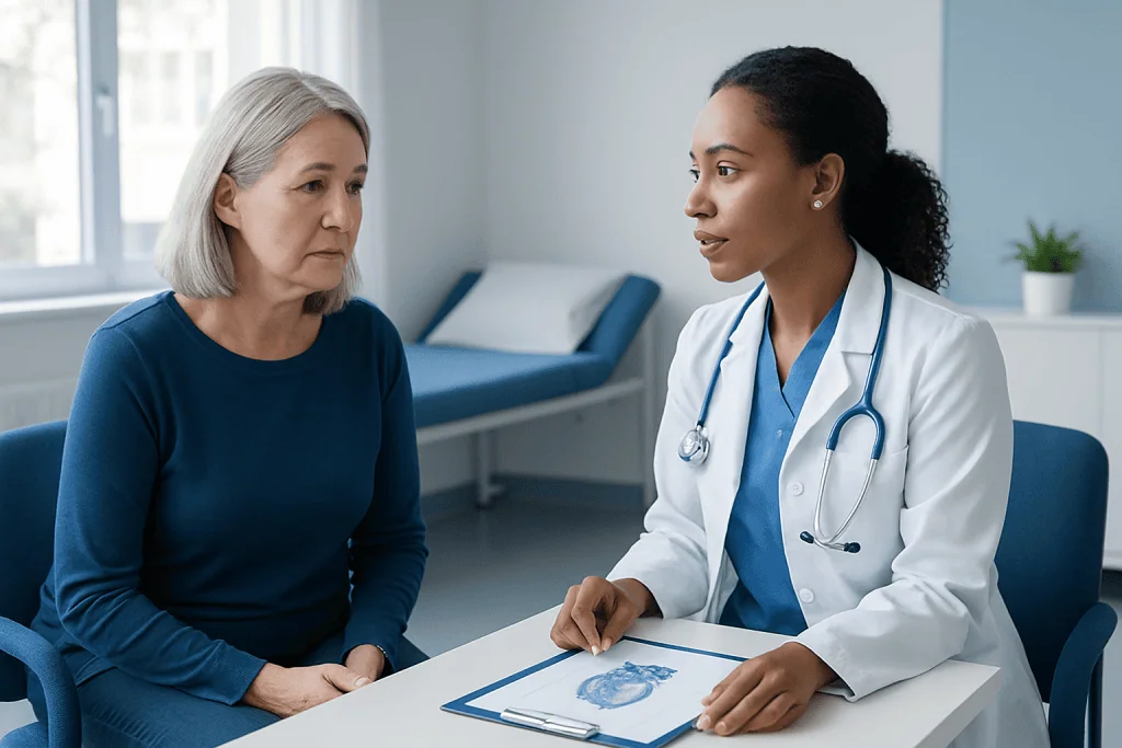 Doctor consulting with an elderly female patient in a medical office.