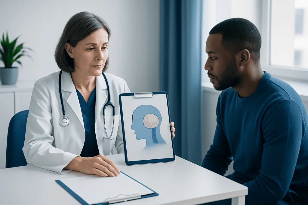 Doctor explaining brain scan to patient in a consultation room.