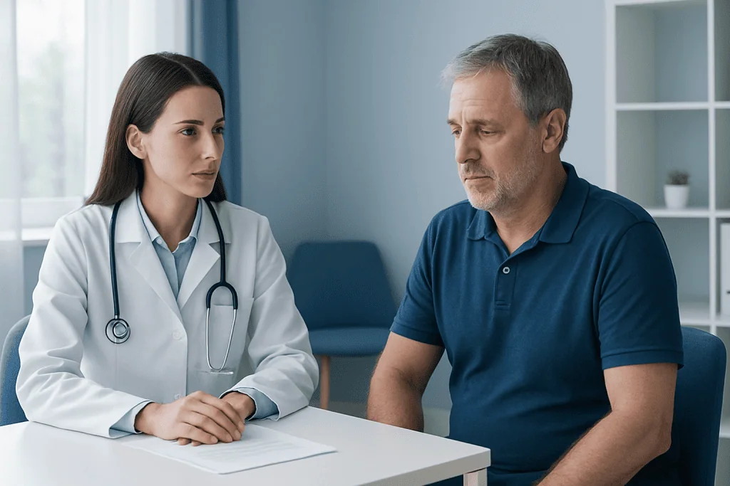 Doctor consulting with middle-aged male patient in a medical office.