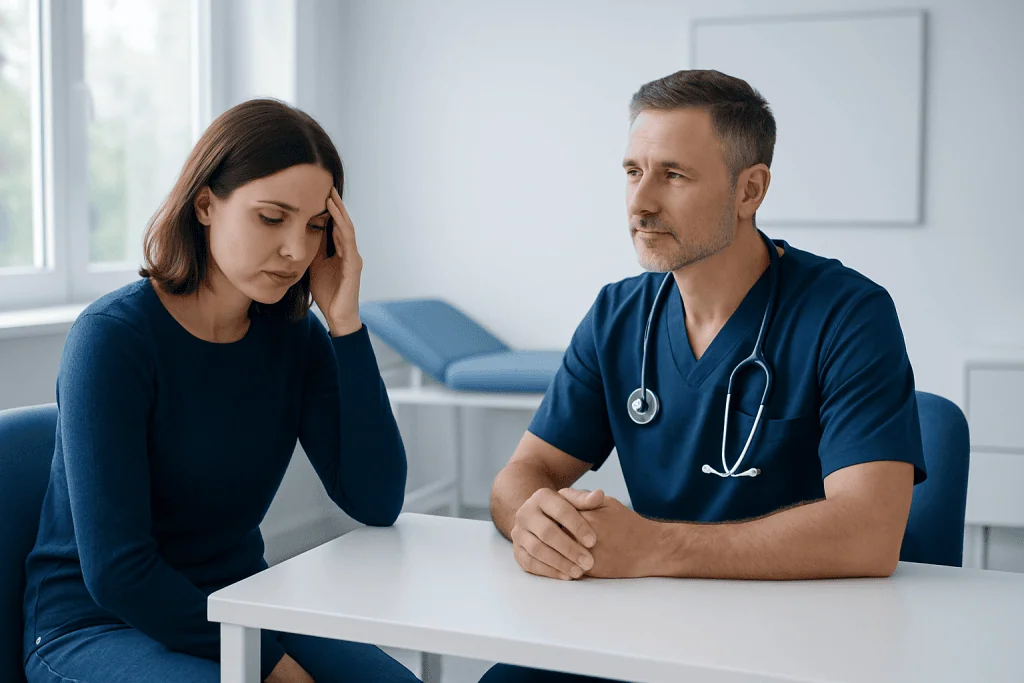 Doctor consulting with a worried female patient in a medical office.