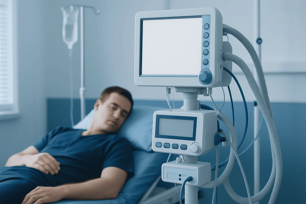 Patient resting in hospital bed with medical monitor nearby.