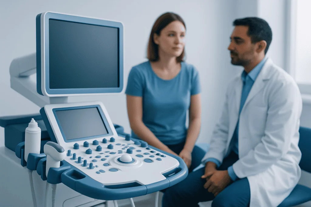 Medical consultation with ultrasound equipment at Acibadem Hospitals Group.
