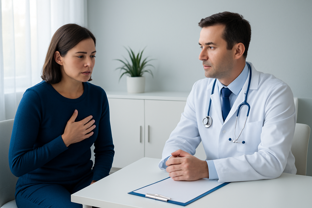 Doctor consulting with a female patient in a medical office setting.