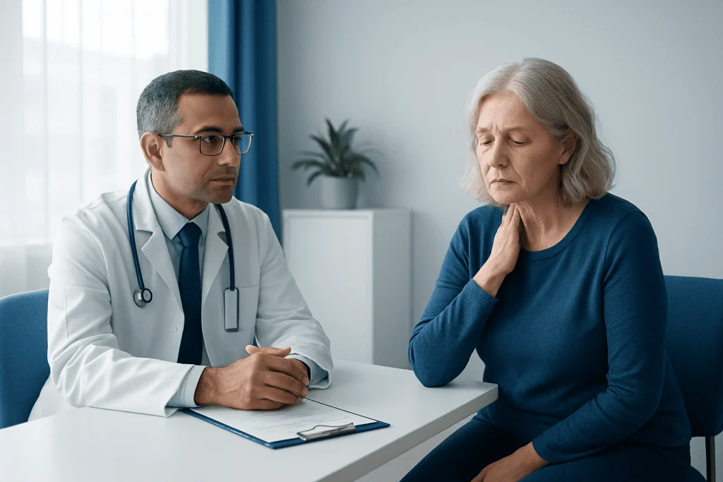 Doctor consulting with an elderly woman about health concerns in a clinic.