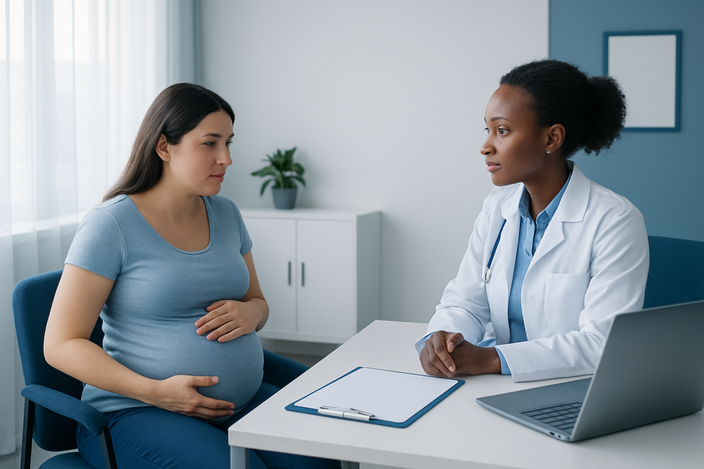 Pregnant woman consulting with a doctor in a medical office.
