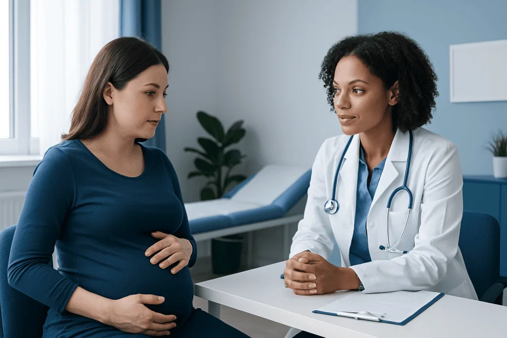 Pregnant woman consulting with a doctor in a hospital setting.