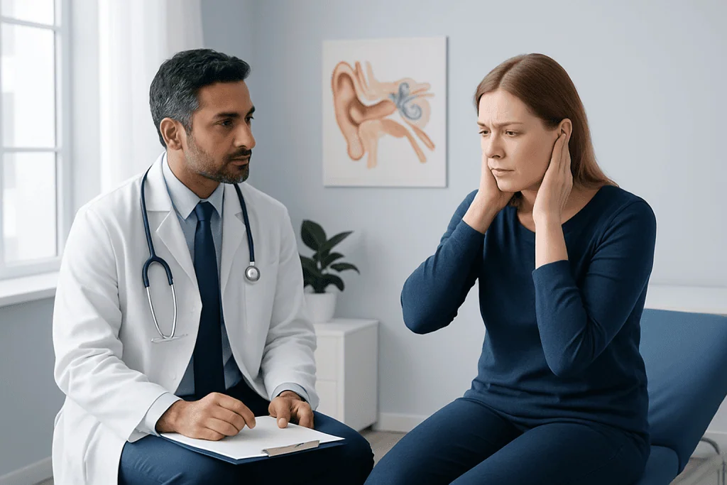 Doctor consulting with a woman about ear pain in a medical office.