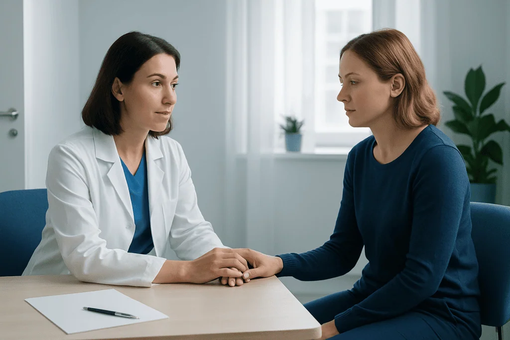 Doctor and patient holding hands during consultation at hospital.