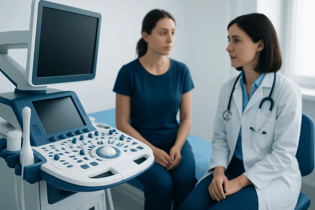 Doctor explaining ultrasound results to a patient in a medical clinic.
