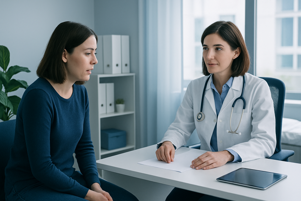 Doctor consulting patient about health concerns in a modern clinic setting.