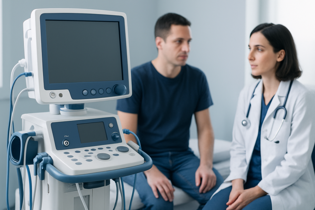Doctor and patient in consultation with medical ultrasound equipment.