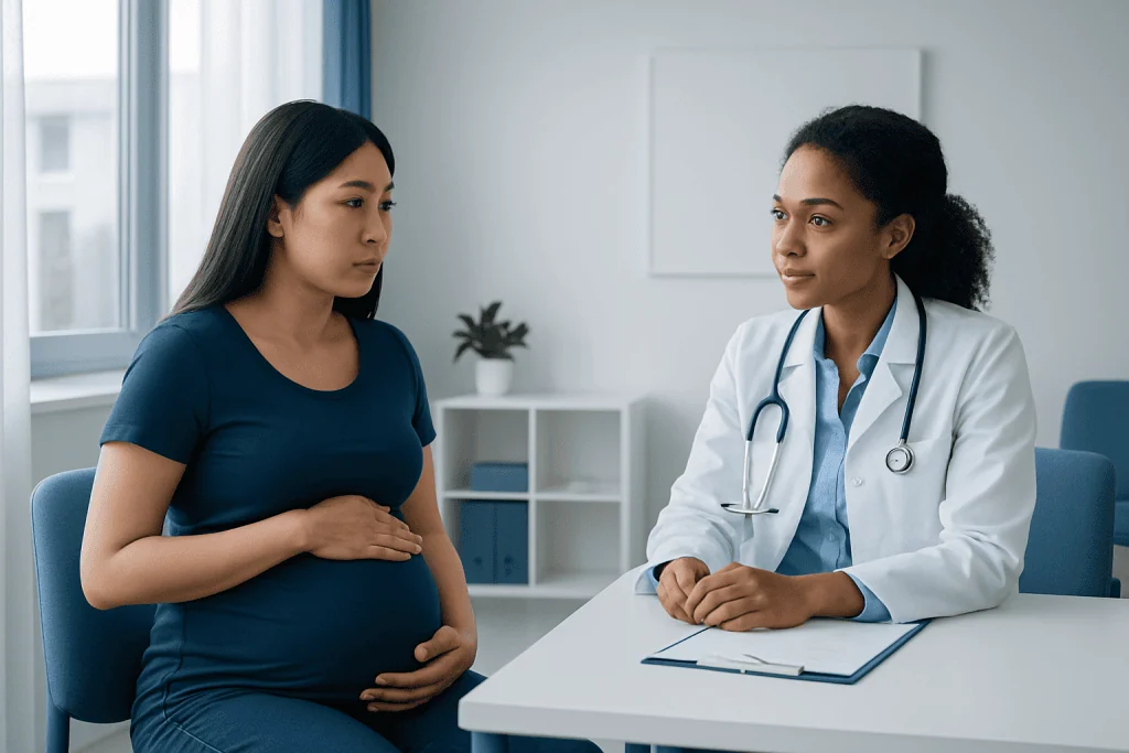 Pregnant woman consulting with a doctor in a medical office.