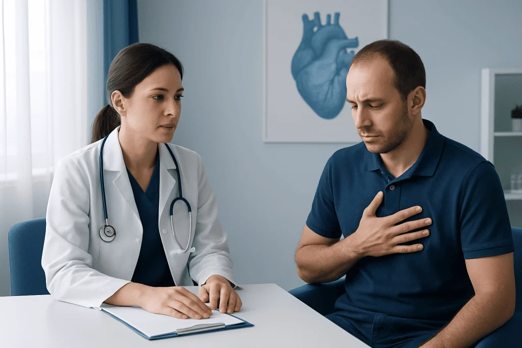 Doctor consulting with patient about heart health in a medical office.