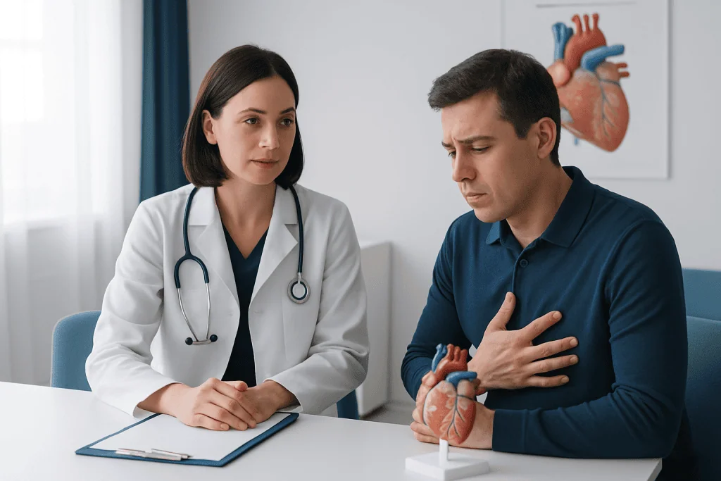 Doctor explaining heart health to patient with heart model in clinic.