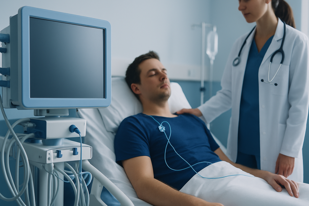 Patient in hospital bed connected to monitoring equipment with doctor nearby.