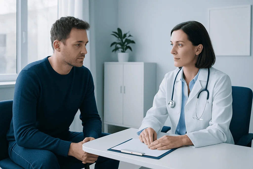 Doctor consulting with a male patient in a modern medical office.