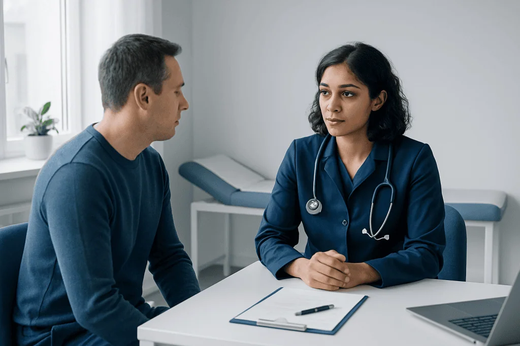 Doctor consulting with a patient in a medical office at Acibadem Hospitals Group.
